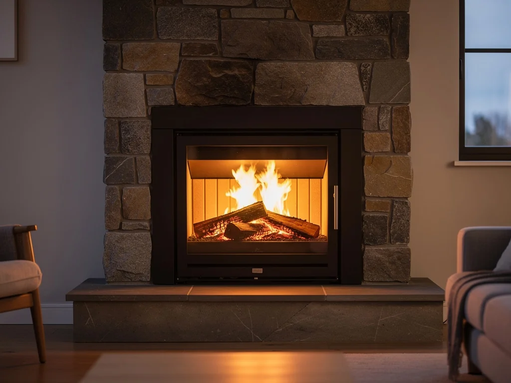 Insert à granulés encastré dans une cheminée en pierre, flamme visible derrière la vitre